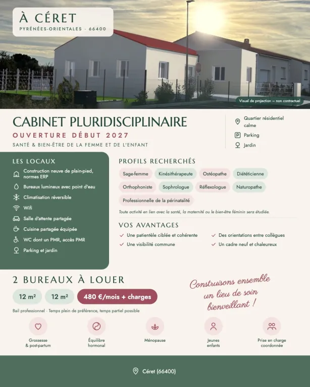 Céret (66) – 2 bureaux à louer, cabinet neuf santé de la femme et de l'enfant