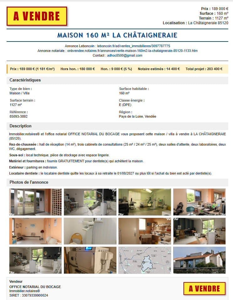 Vente maison avec 3fauteuils planmeca et autres