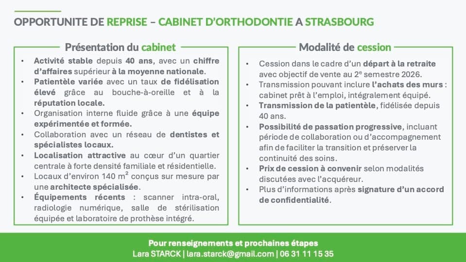 Vente cabinet d’orthodontie 140 m2 à Strasbourg